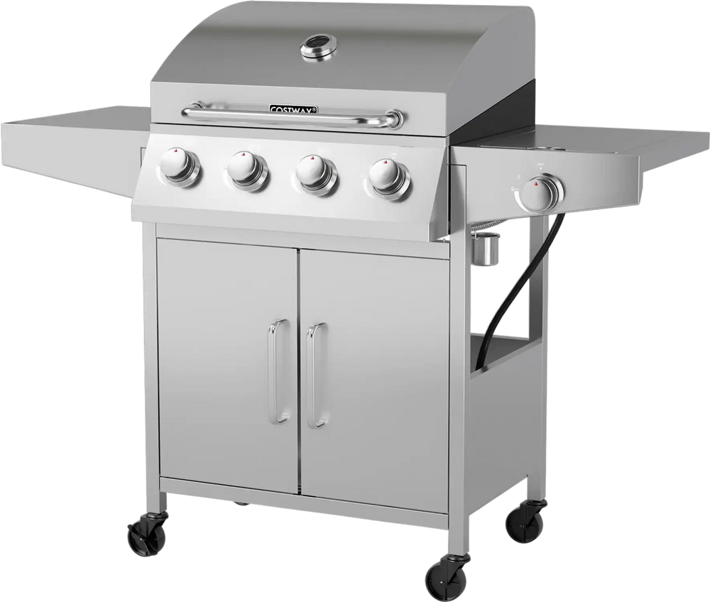 5-burner propane gas grill in silver with side burner and prep tables, ideal for outdoor cooking and grilling.