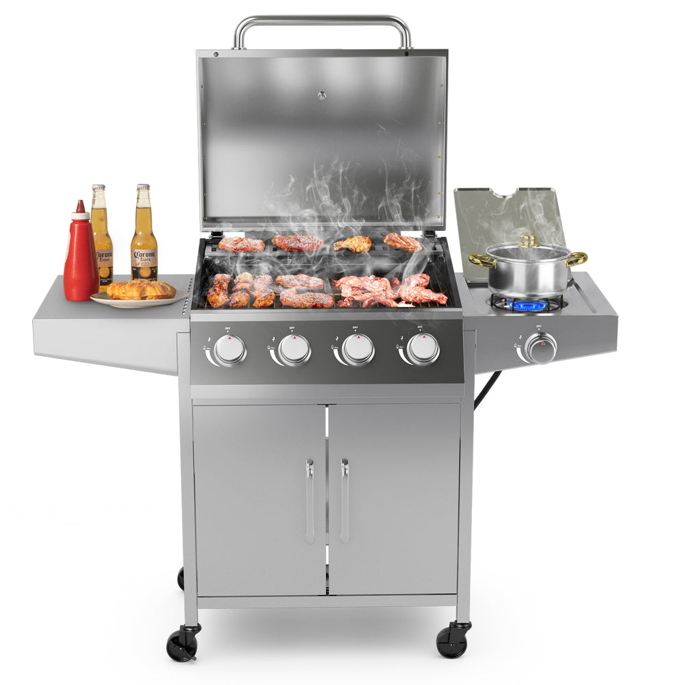 5-burner propane gas grill with side burner, stainless steel, large cooking area, ideal for outdoor grilling.