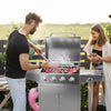 Stainless steel 5-burner propane gas grill with side burner, featuring two prep tables for convenient outdoor cooking.