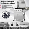50000BTU 5-burner propane gas grill in silver with side burner and prep tables, ideal for outdoor cooking.