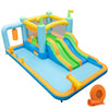 Giant inflatable water slide for kids with dual slides, splash pool, and safety mesh, perfect for outdoor fun.