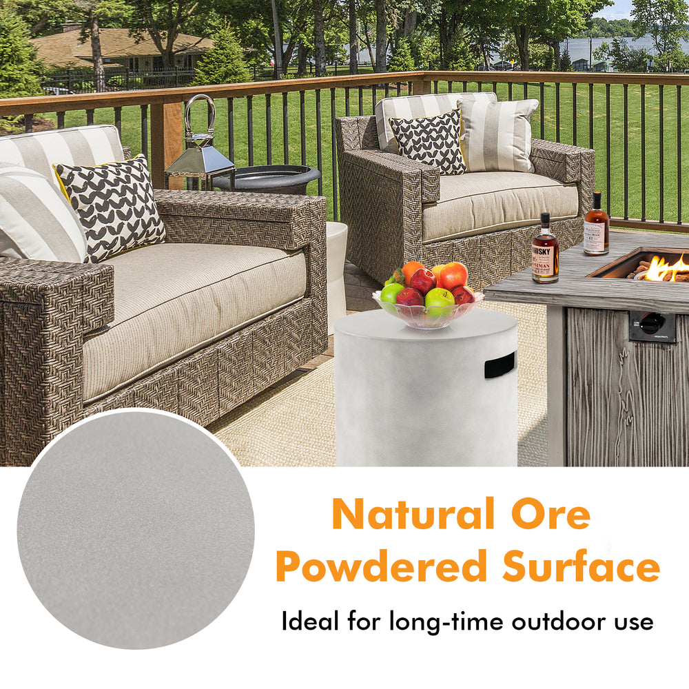 Outdoor weather-resistant tank hideaway table with natural ore powdered surface, ideal for fire pits and long-time.