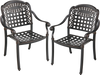 Set of 2 brown cast aluminum patio chairs with armrests, stackable design for outdoor use, featuring adjustable foot.