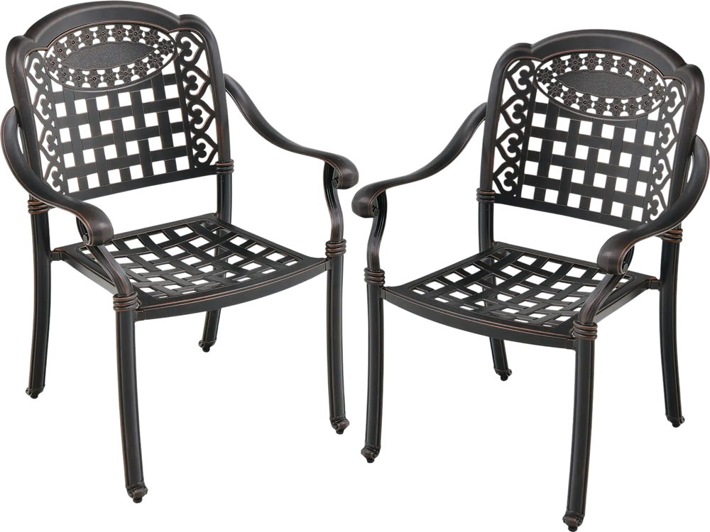 Set of 2 brown cast aluminum patio chairs with armrests, stackable design for outdoor use, featuring adjustable foot.