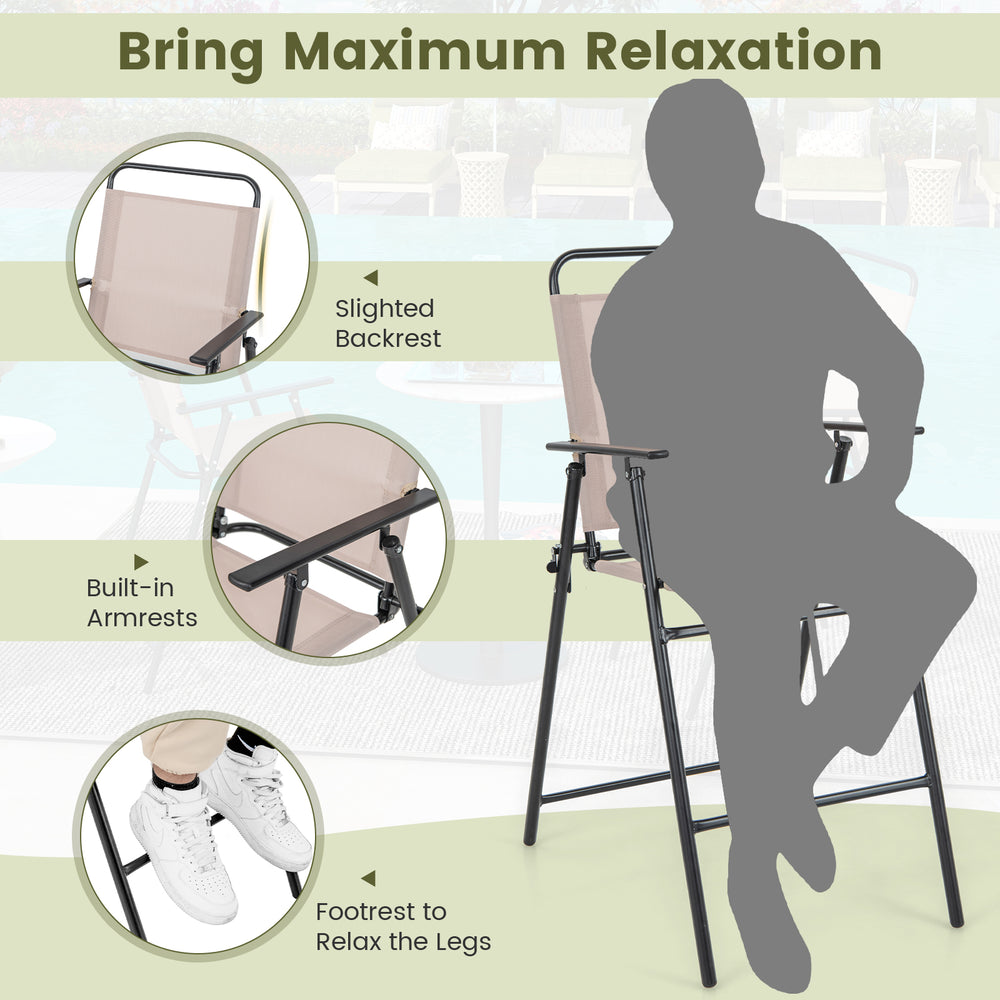 Patio folding bar-height chair with armrests, beige quick-drying seat, ideal for outdoor relaxation and easy storage.