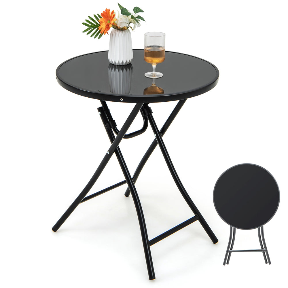 Round 23-inch bistro table with tempered glass top and sturdy metal frame, perfect for backyard or poolside use.