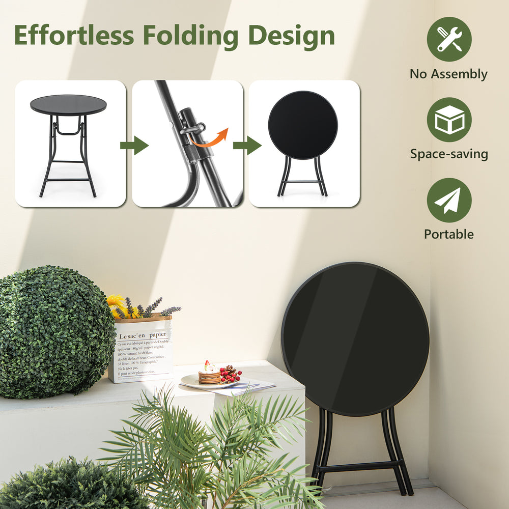 23-inch round bistro table with tempered glass tabletop, featuring a sturdy metal frame and compact folding design for.