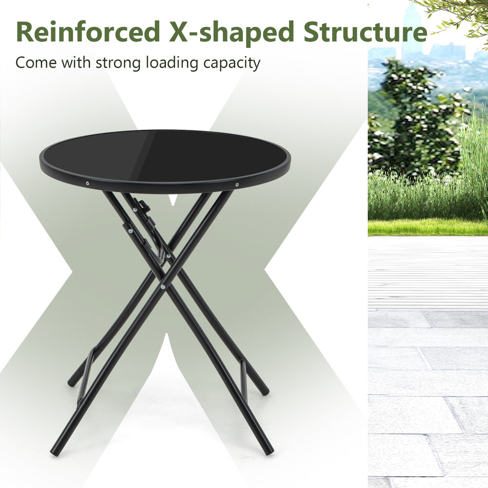 23-inch round bistro table with tempered glass tabletop and reinforced X-shaped structure, perfect for outdoor or.
