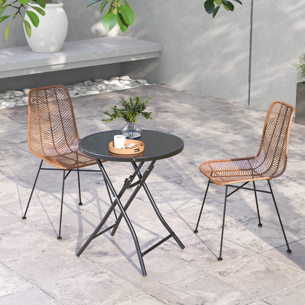 Round bistro table with tempered glass top and sturdy metal frame, perfect for outdoor patio or poolside use.