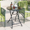 Round bistro table with tempered glass tabletop and sturdy metal frame, perfect for outdoor or indoor use.