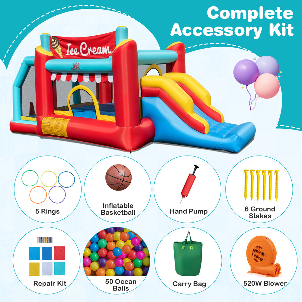 5-in-1 Ice Cream inflatable bounce house with slide, ball pit, and accessories for kids' fun and safe playtime.