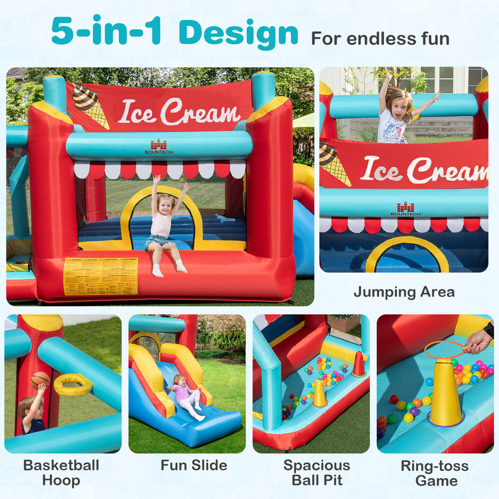 5-in-1 Ice Cream inflatable bounce house featuring a slide, ball pit, and basketball hoop for endless outdoor fun.