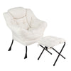 Beige modern accent chair with folding footrest, soft Sherpa cover, ergonomic design, perfect for living rooms and.