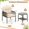 Patio bistro set dimensions showing a beige cushioned chair and a side table with a tempered glass top for outdoor use.