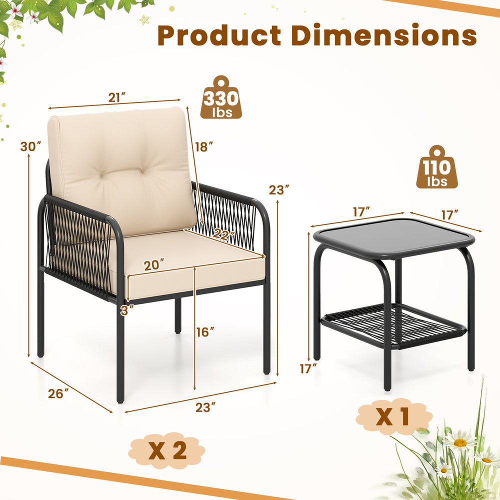 Patio bistro set dimensions showing a beige cushioned chair and a side table with a tempered glass top for outdoor use.