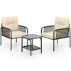 Two beige cushioned chairs and a glass-top table in a 3-piece patio bistro set for outdoor relaxation.
