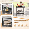 Tempered glass top coffee table with extra storage shelf, made of durable PE rattan, ideal for outdoor use.