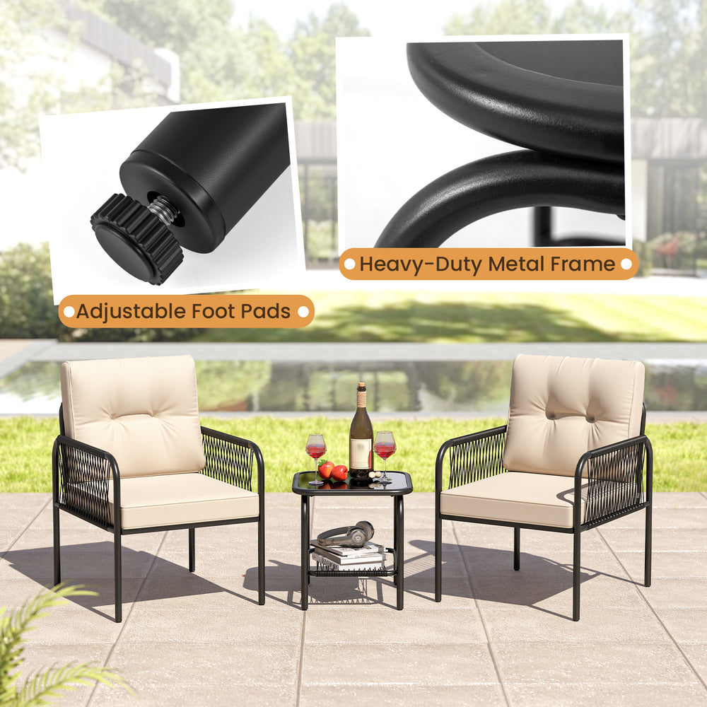Two beige cushioned chairs with a tempered glass table, featuring a heavy-duty metal frame for outdoor patio use.