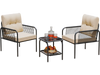 Two beige cushioned patio chairs with a glass top table, made of durable PE rattan, perfect for outdoor conversation.