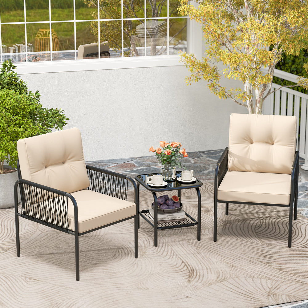Beige patio bistro set featuring hand-woven PE rattan chairs and a tempered glass table, perfect for outdoor relaxation.