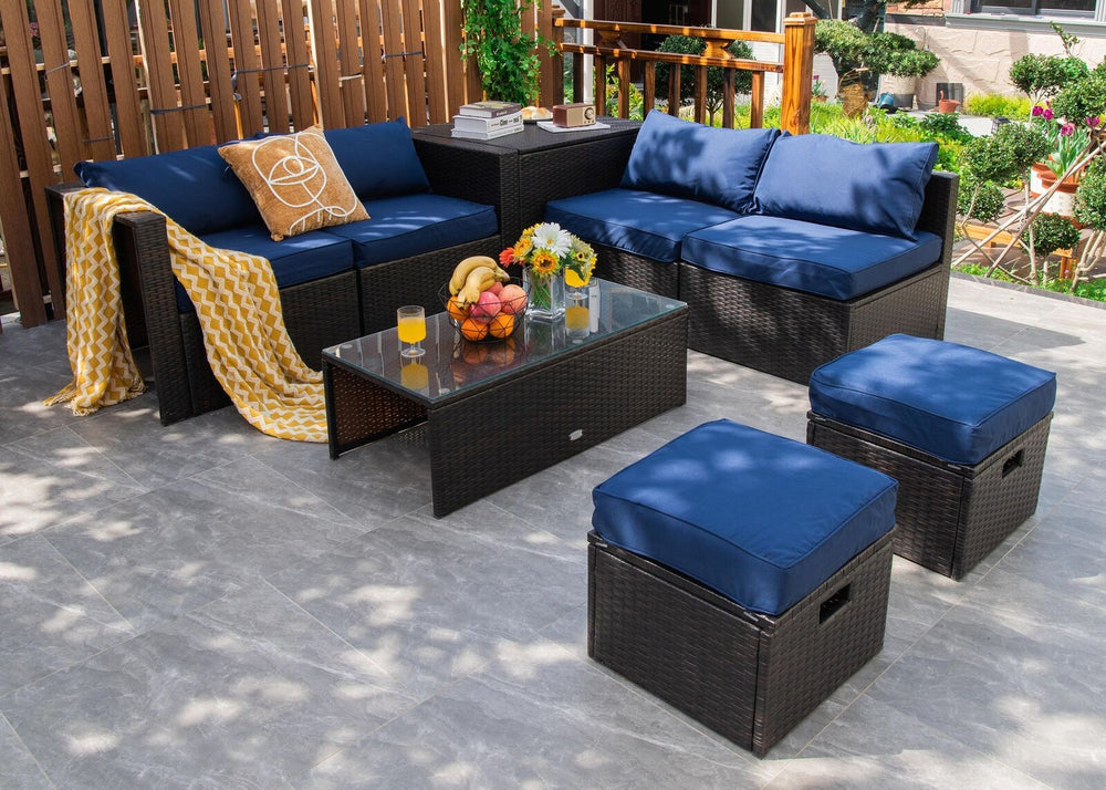 8 Pieces Patio Space-Saving Rattan Furniture Set with Storage Box and Waterproof Cover-Navy - Gallery View 1 of 11