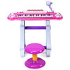 Chic pink 37-key electronic keyboard for kids with adjustable volume, detachable microphone, and sturdy stool for music.