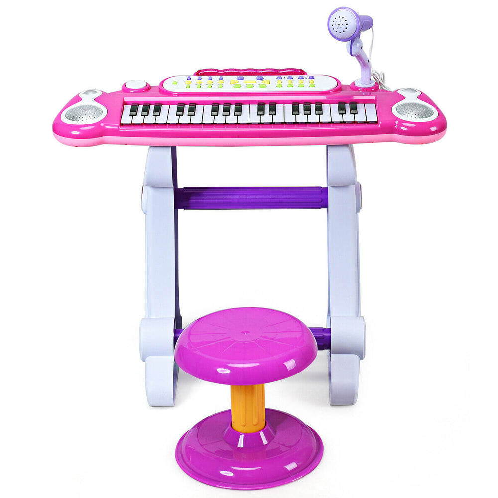 Chic pink 37-key electronic keyboard for kids with adjustable volume, detachable microphone, and sturdy stool for music.