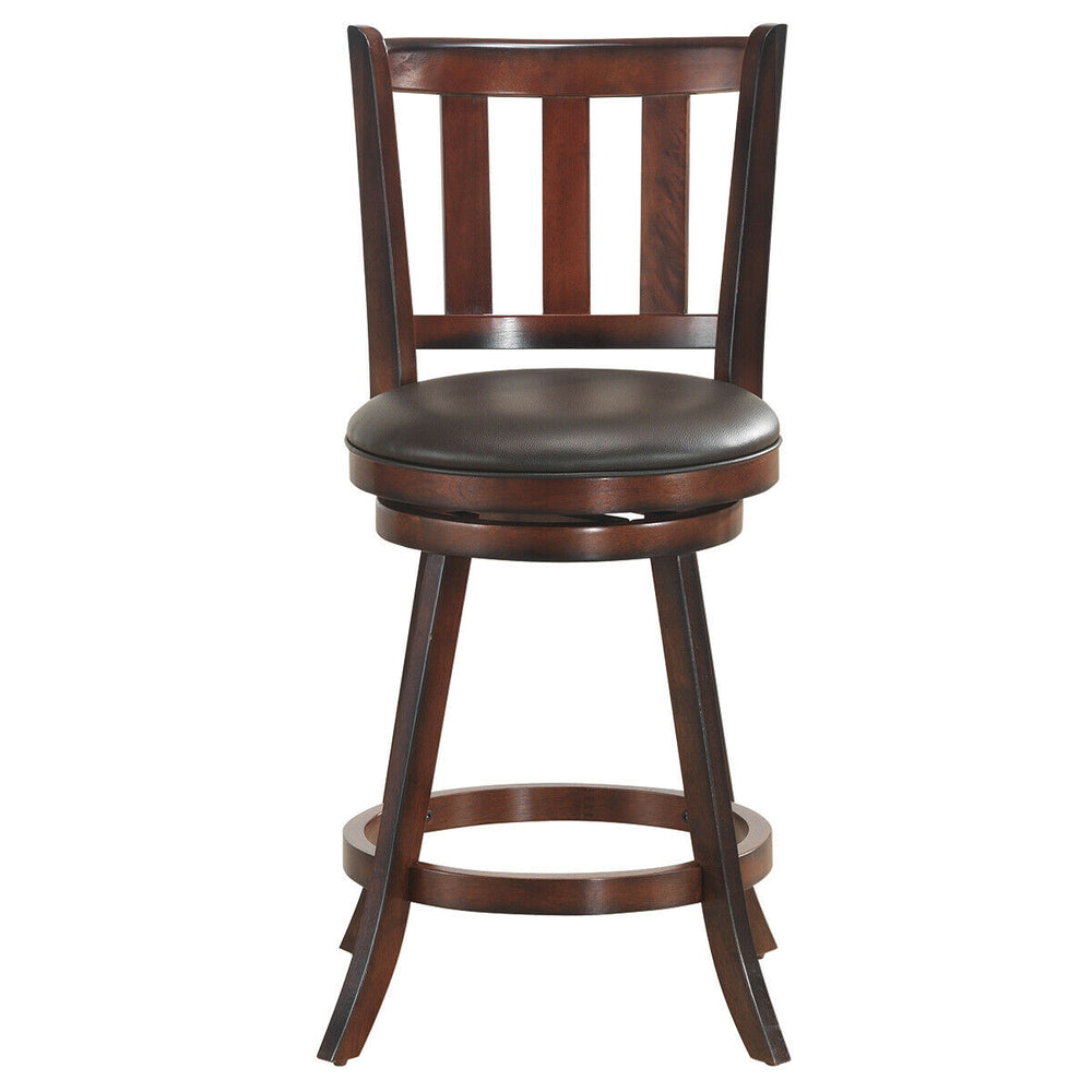 Single wooden counter height bar stool with a cushioned seat, flared rubberwood legs, perfect for kitchen or dining.