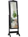 Black mirrored jewelry cabinet armoire with a full-size mirror, featuring tilt design for optimal viewing angles and.