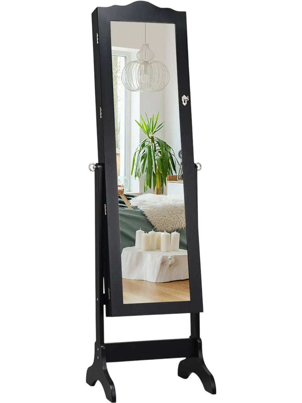 Black mirrored jewelry cabinet armoire with a full-size mirror, featuring tilt design for optimal viewing angles and.