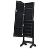 Lockable black jewelry cabinet armoire with full-size mirror, showcasing organized storage for rings, earrings, and.