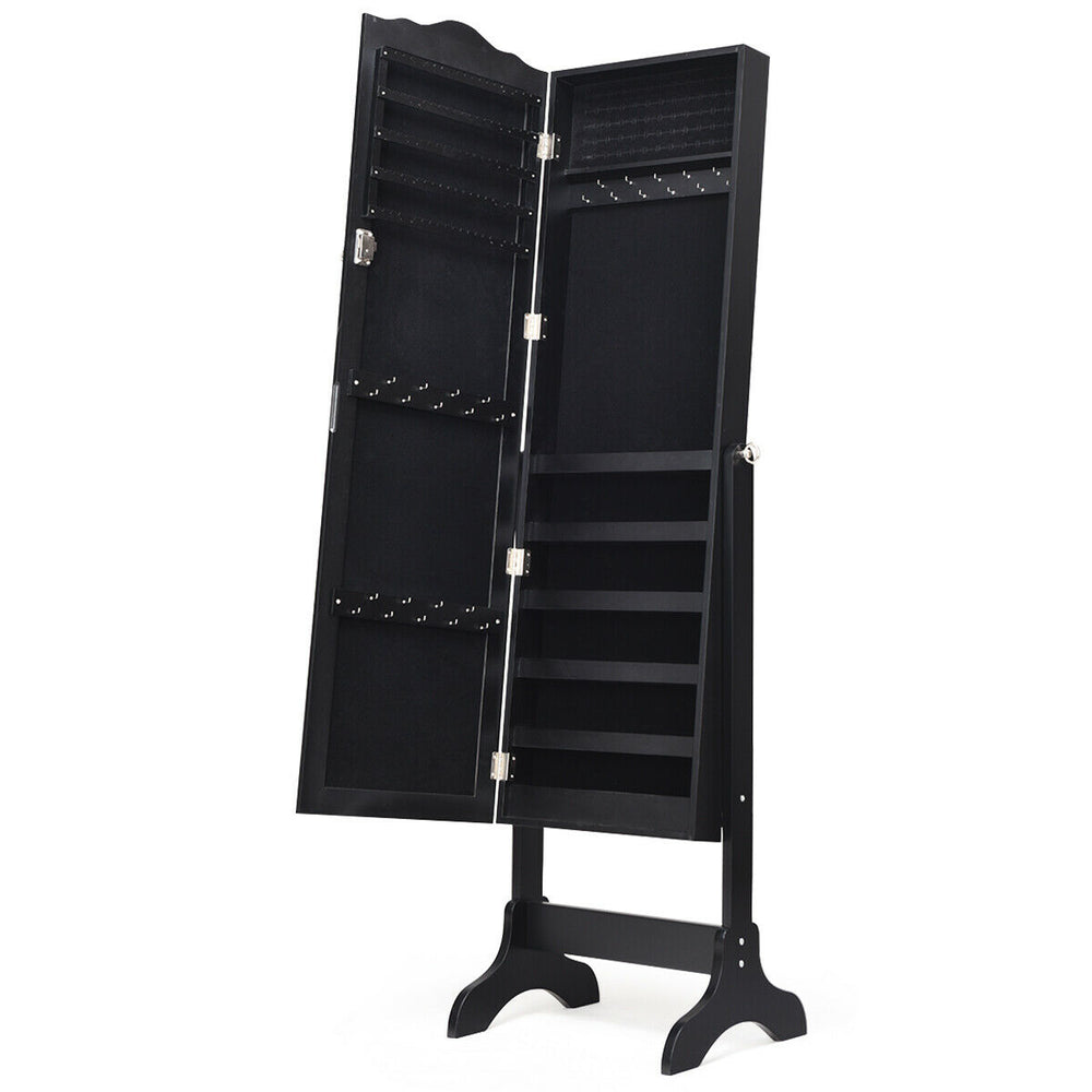 Lockable black jewelry cabinet armoire with full-size mirror, showcasing organized storage for rings, earrings, and.