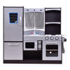 Kids wooden modern kitchen cooking pretend play set with realistic details, working knobs, and large storage space.