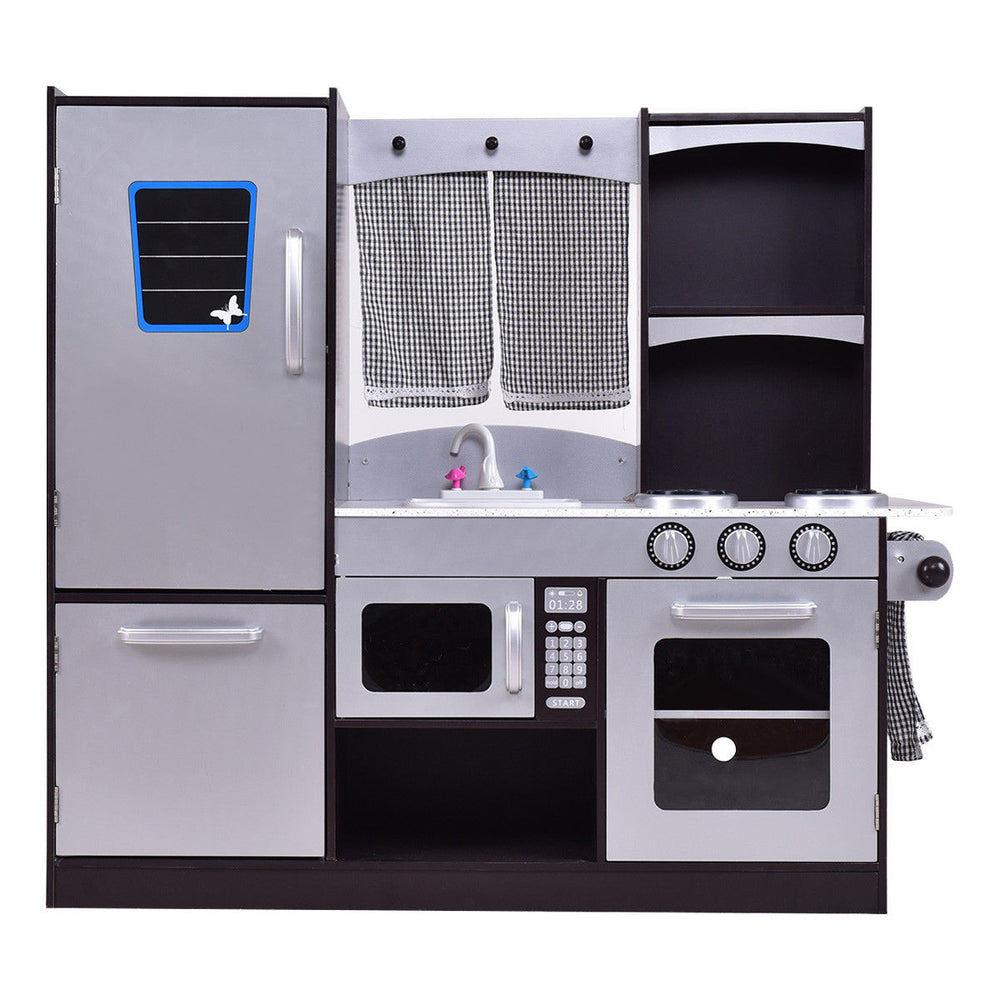 Kids wooden modern kitchen cooking pretend play set with realistic details, working knobs, and large storage space.