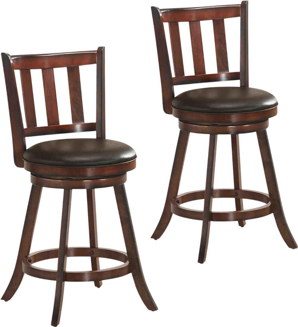 Set of 2 wooden counter height bar stools with 360-degree swivel and cushioned seats for kitchen or bar use.