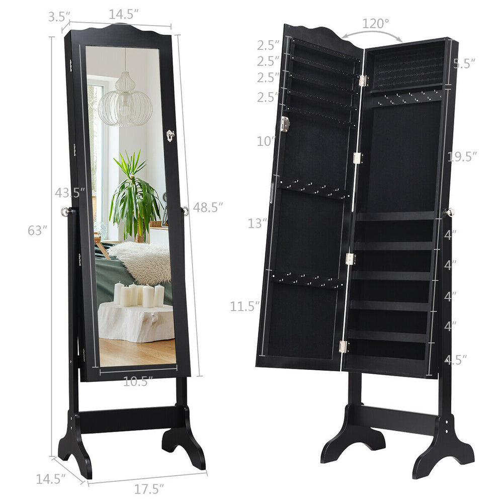 Full-length black mirrored jewelry cabinet with lock, featuring 5 shelves, 29 hooks, and 60 ring slots for organized.