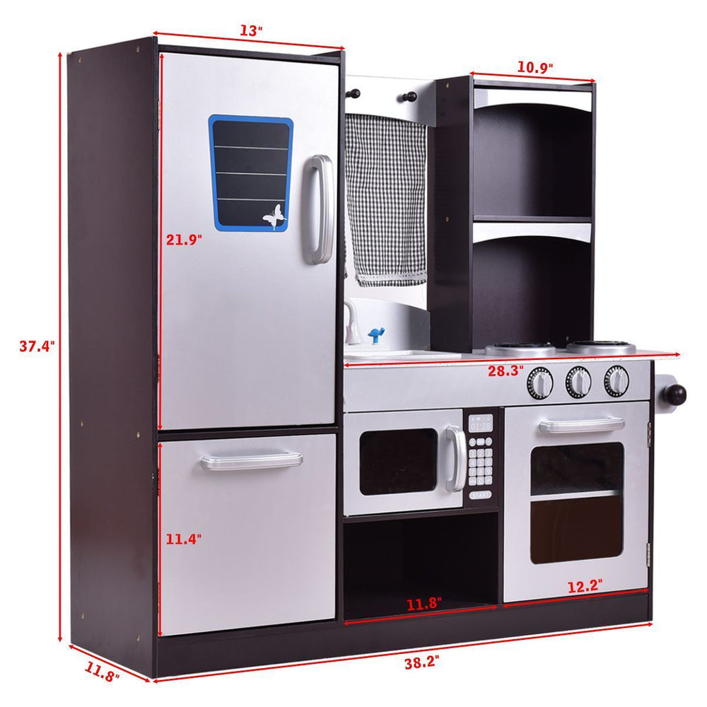 Kids wooden modern kitchen cooking pretend play set with realistic details and large storage space for imaginative play.