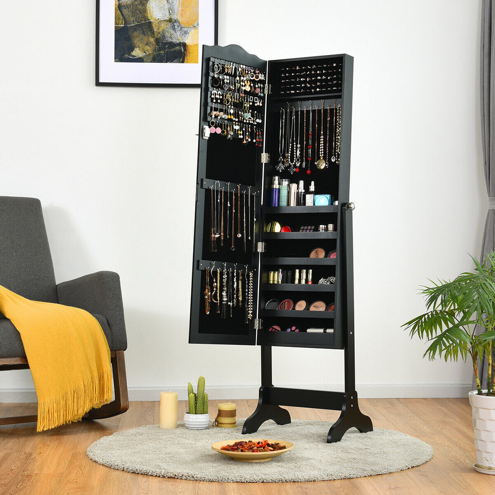 Lockable black jewelry cabinet armoire with full-size mirror and organized storage for earrings, rings, and accessories.