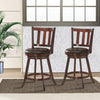 Set of 2 wooden counter height bar stools with cushioned seats, swivel design, and flared rubberwood legs for stability.