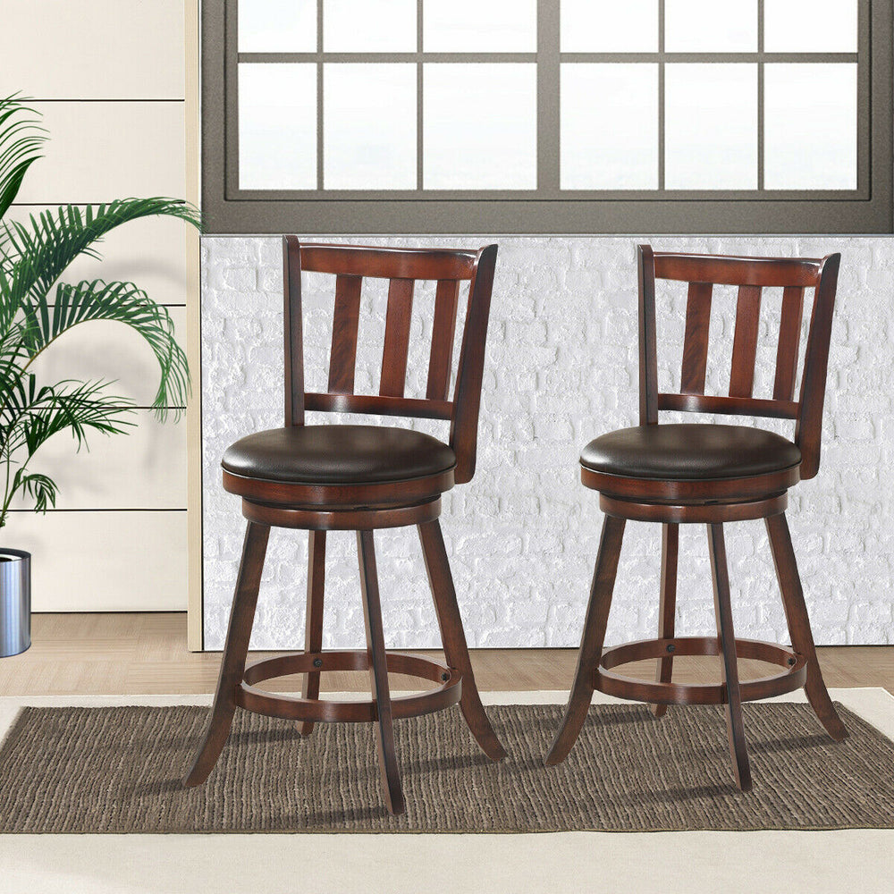 Set of 2 wooden counter height bar stools with cushioned seats, swivel design, and flared rubberwood legs for stability.