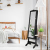 Full-length black mirrored jewelry cabinet armoire with lock, featuring 5 shelves and 29 hooks for organized storage.