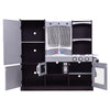 Kids wooden modern kitchen cooking pretend play set featuring open shelves and cabinets for ample storage of play items.