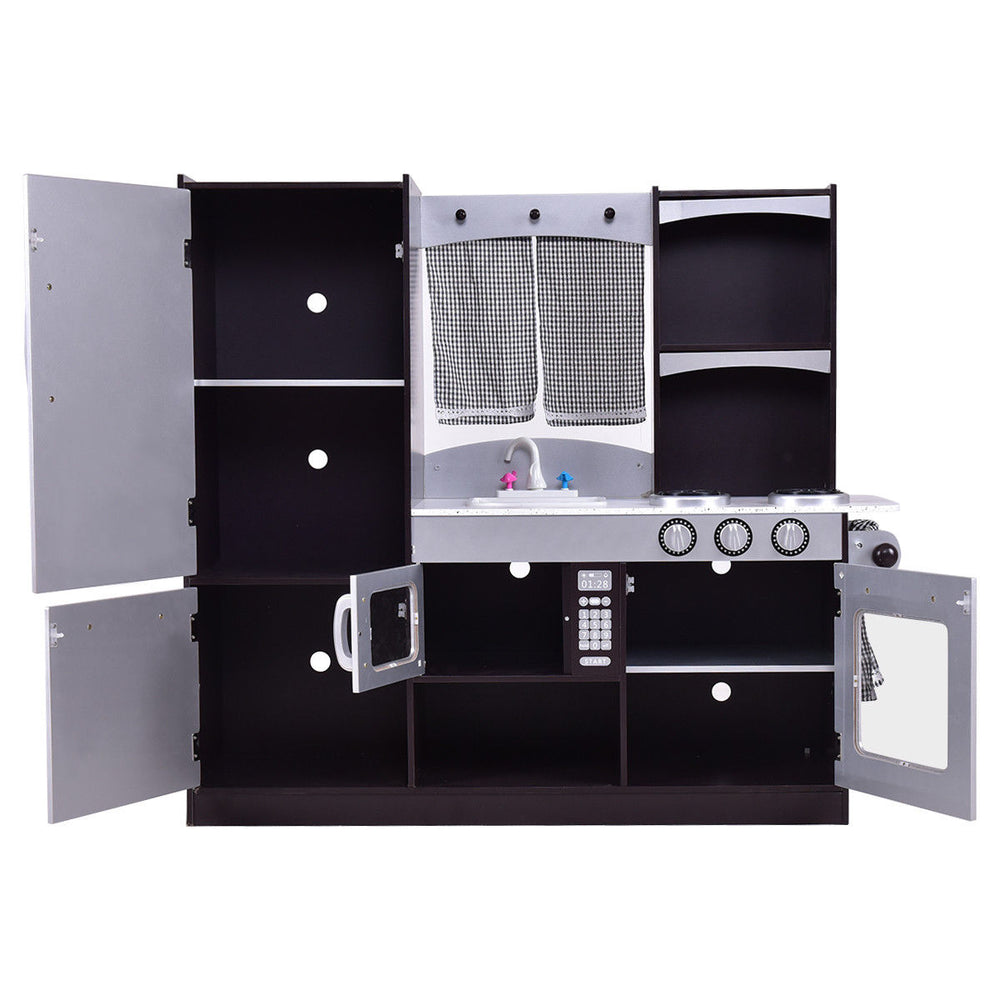 Kids wooden modern kitchen cooking pretend play set featuring open shelves and cabinets for ample storage of play items.