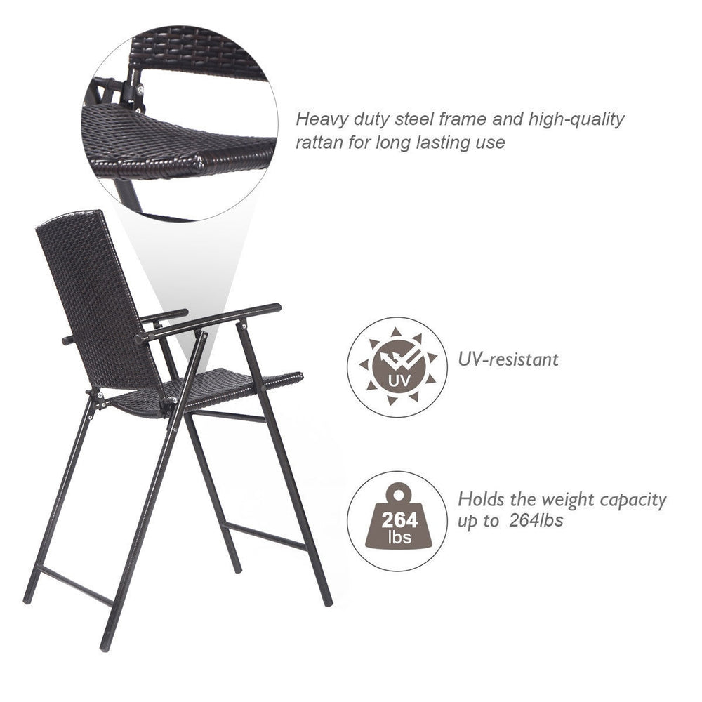 Folding rattan bar chair with steel frame, footrest, and armrests, ideal for outdoor gatherings and easy storage.