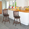 Set of 2 wooden counter height bar stools with cushioned seats, swivel design, ideal for kitchen or dining areas.