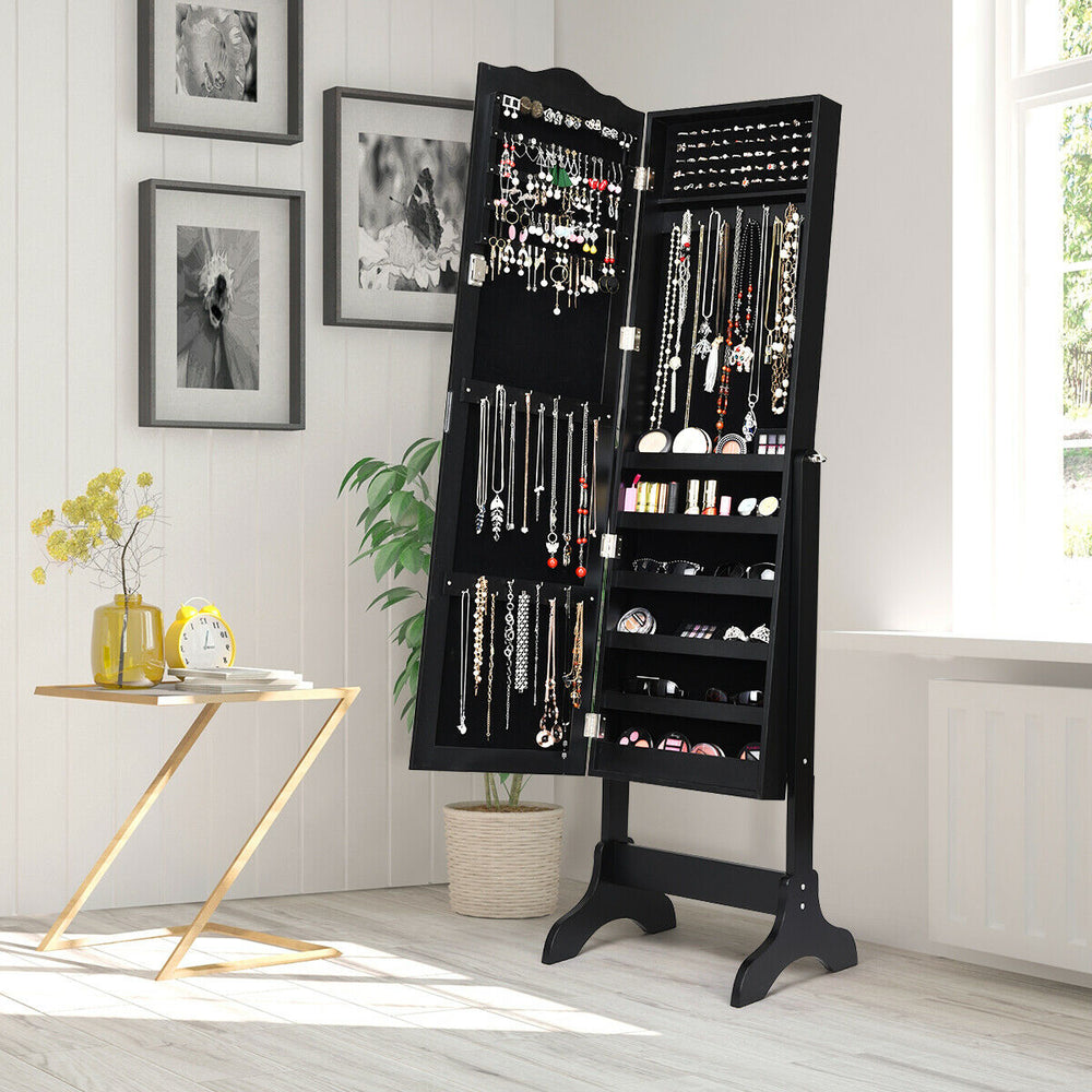 Black mirrored jewelry cabinet armoire with lock, featuring organized storage for earrings, rings, and necklaces, ideal.