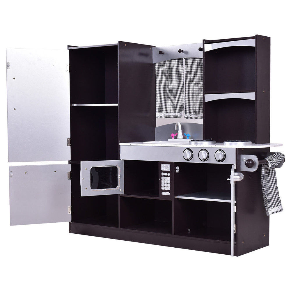 Kids wooden modern kitchen cooking pretend play set with realistic details and large storage space for fun cooking.