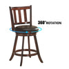 Wooden counter height bar stool with cushioned seat, 360° swivel design, ideal for kitchen and living room use.