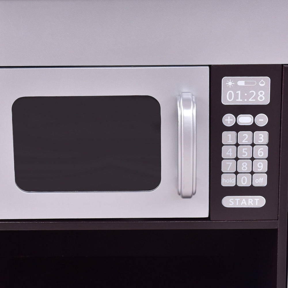 Kids wooden kitchen play set featuring a realistic microwave with working knobs and sturdy construction for imaginative.