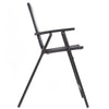 Side view of a folding rattan bar chair with armrests and footrest, featuring a durable steel frame for outdoor use.